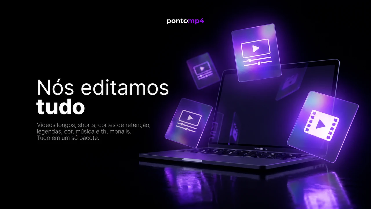 Nós editamos tudo: vídeos longos, shorts, cortes de retenção, legendas, cor, música e thumbnails, conforme o pacote contratado.