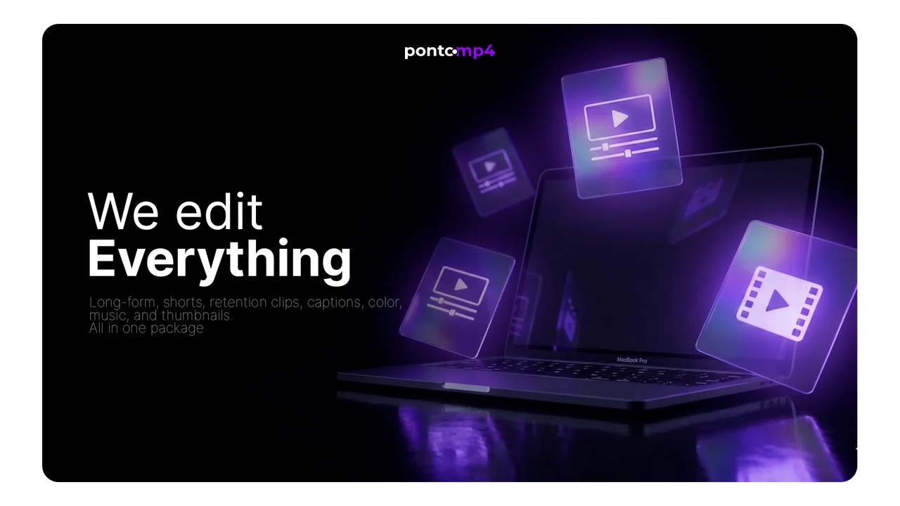 Long-form and short-form editing, captions, color, music and thumbnails, depending on the selected plan.